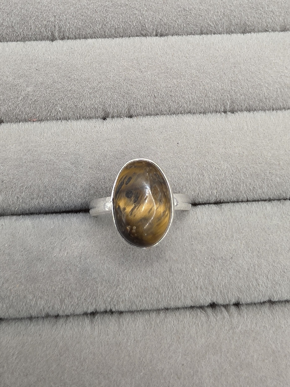 Silver Plated Tiger's Eye Oval Ring Size 7 - Brown Gemstone